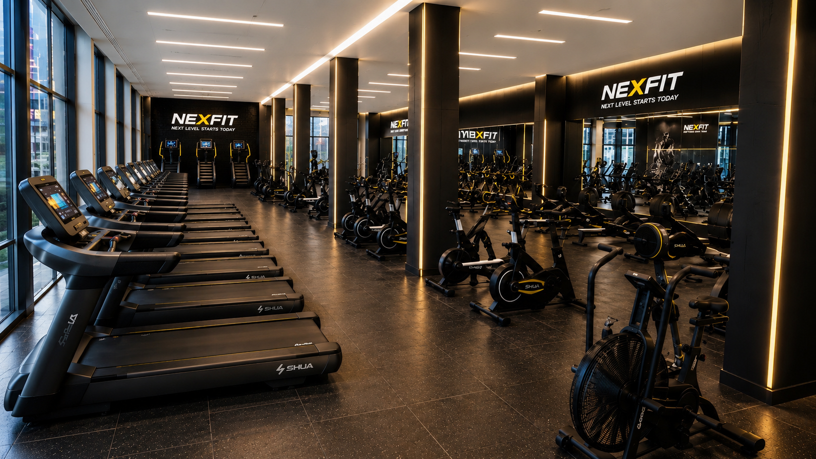 Zona cardio de NEXFIT con caminadoras y bicicletas profesionales