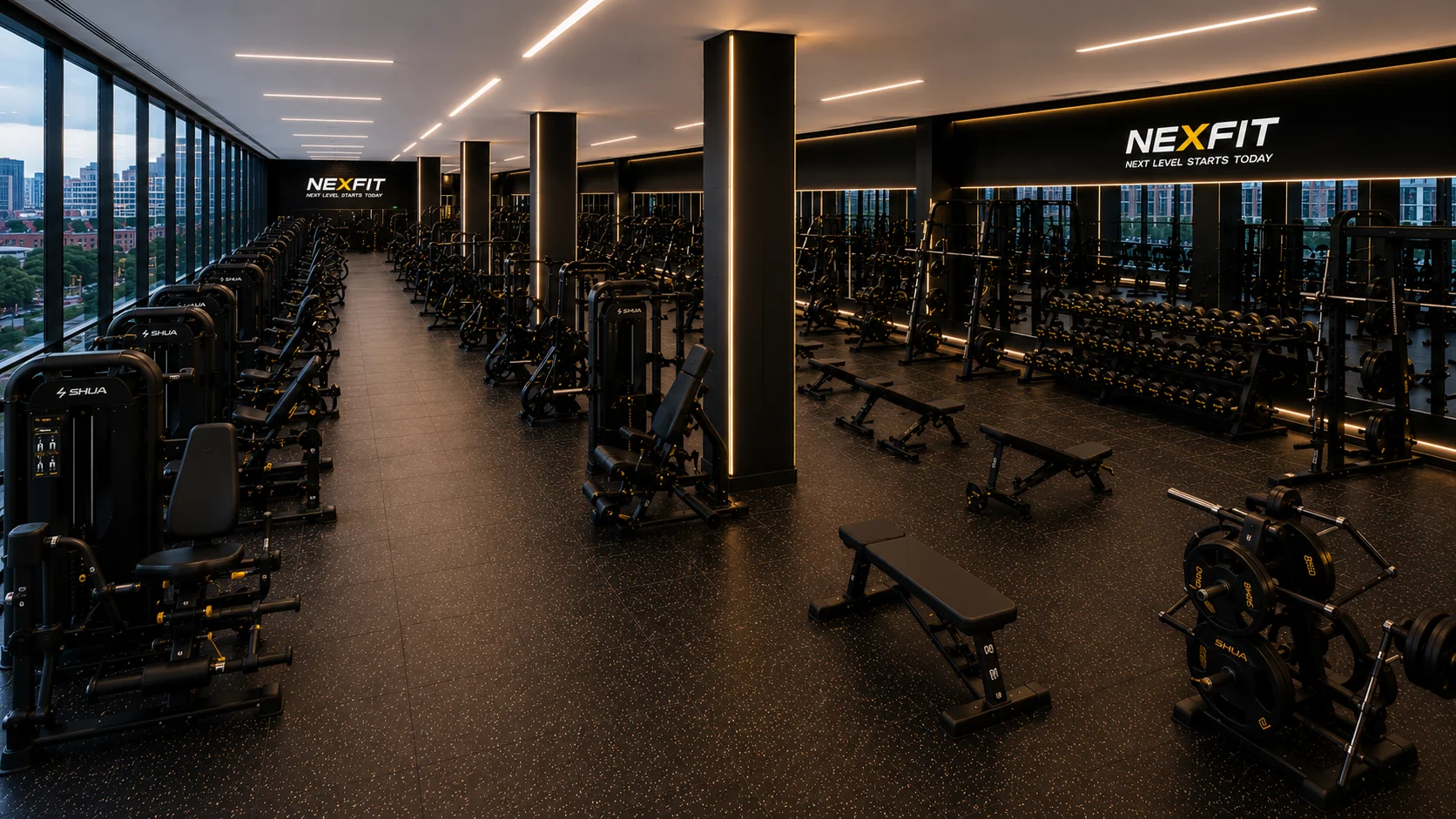 Sala de musculación de NEXFIT con máquinas y pesas profesionales