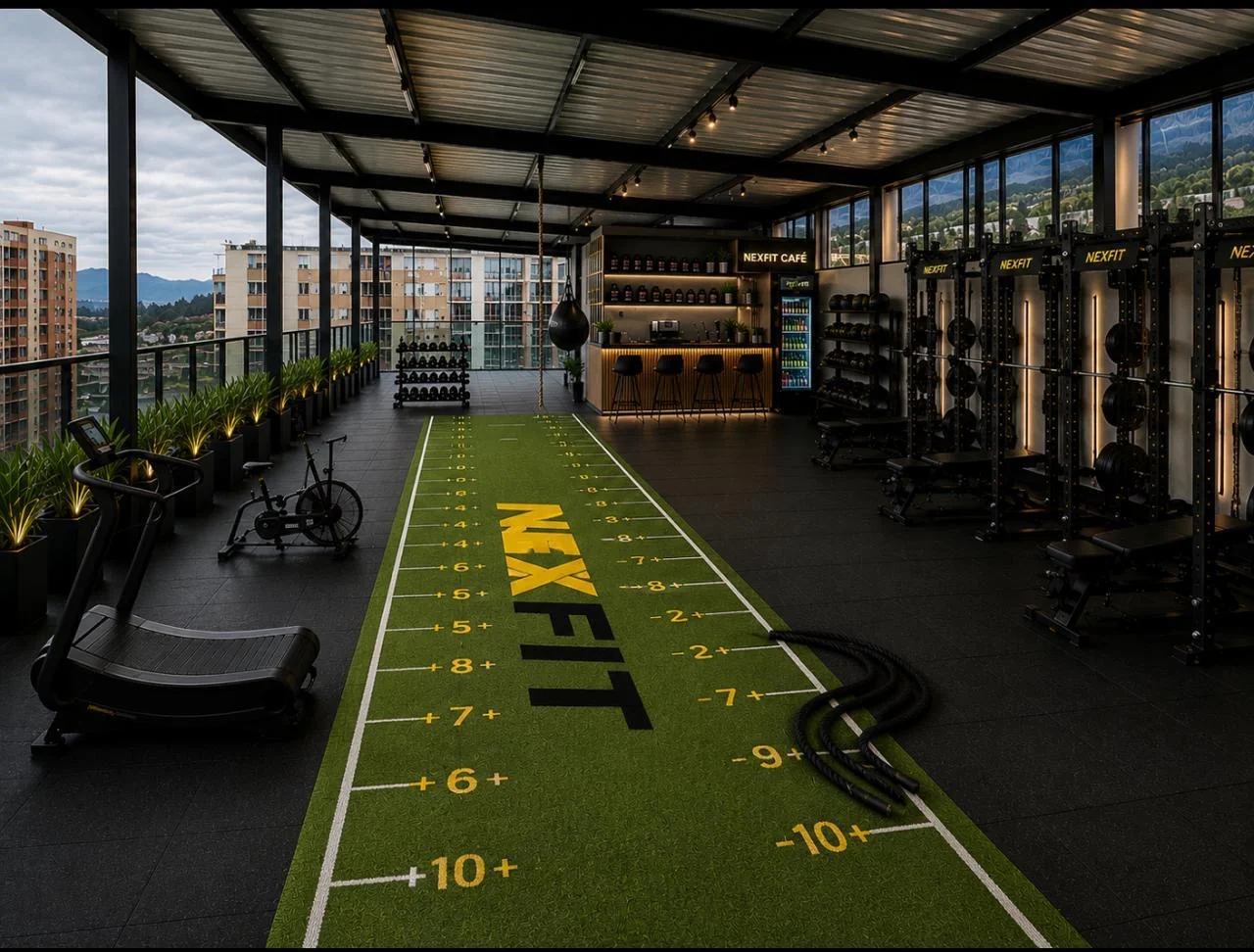 Terraza NEXFIT con zona de entrenamiento al aire libre y café